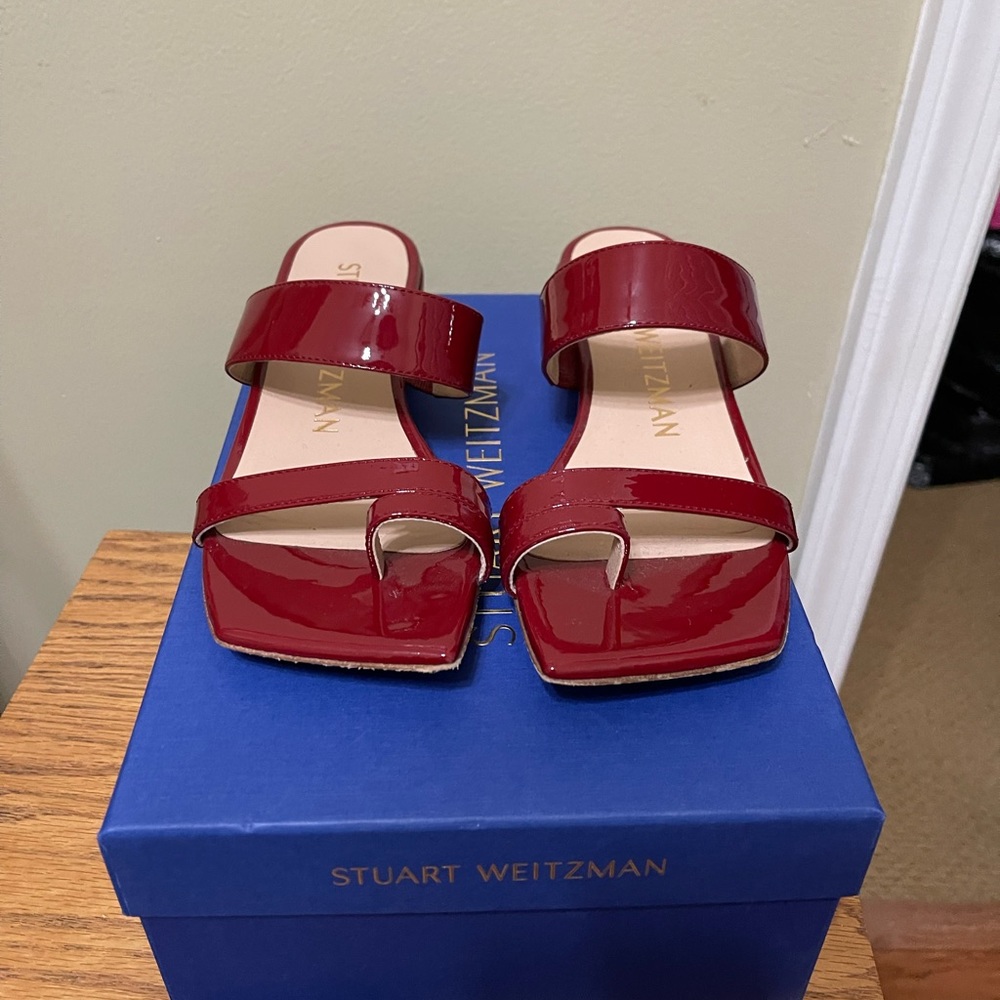 Stuart Weitzman Patent Leather Red Strappy Block Heel Sandals - Picture 2 of 5